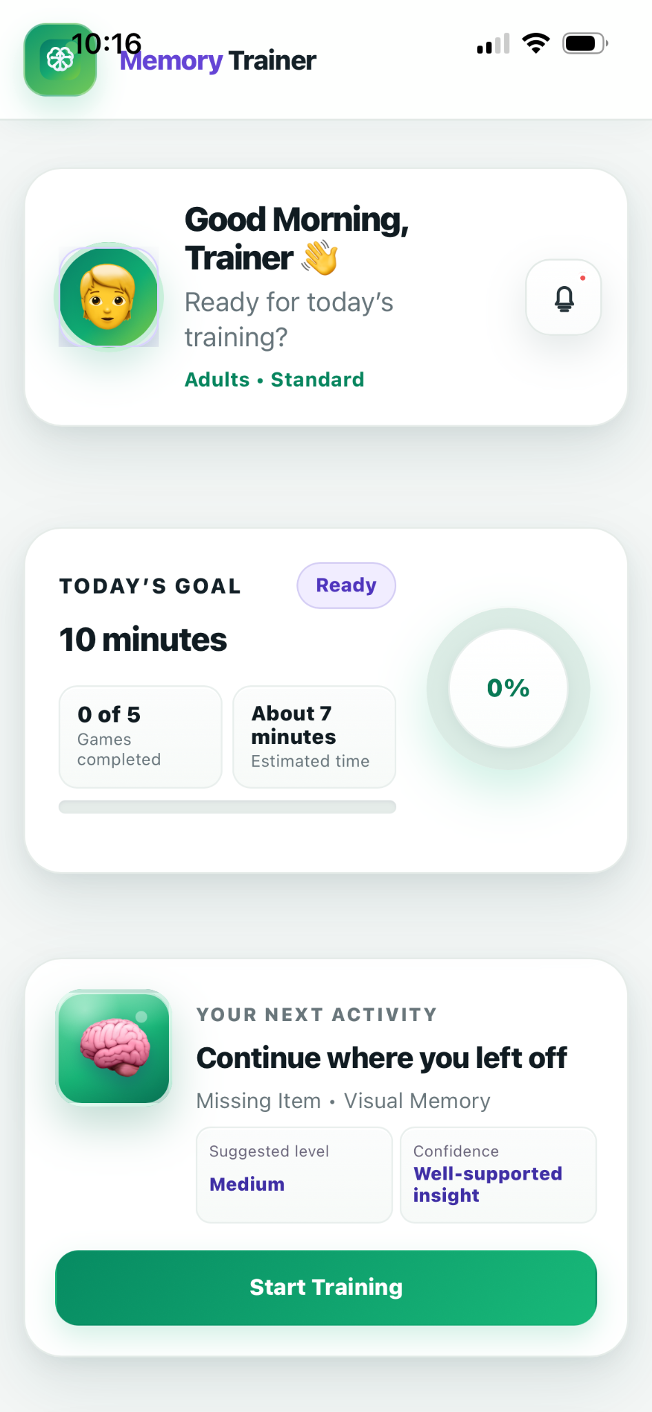 Memory Trainer home dashboard